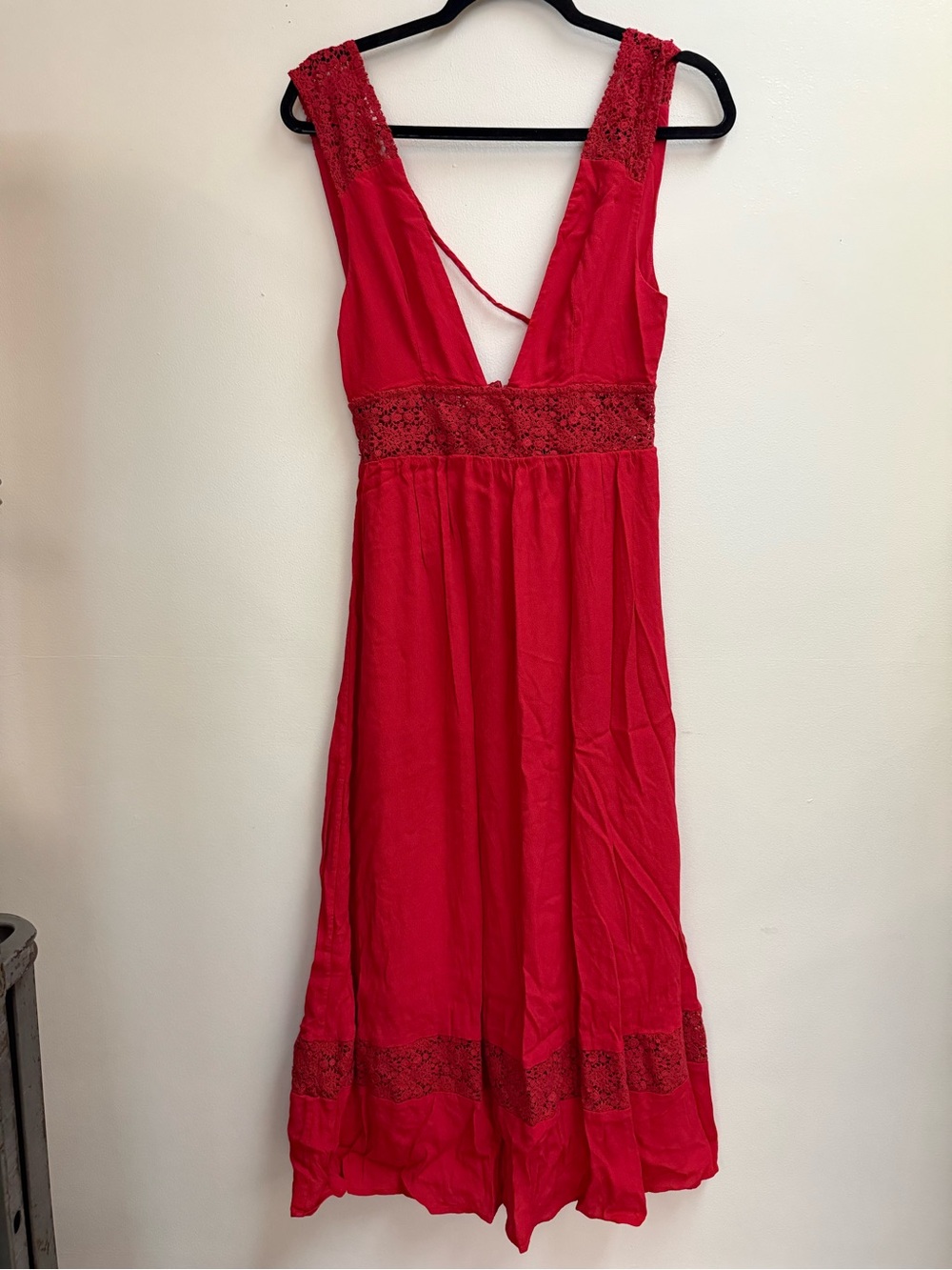 MAJORELLE Red Lace-Trim Deep V Maxi Dress